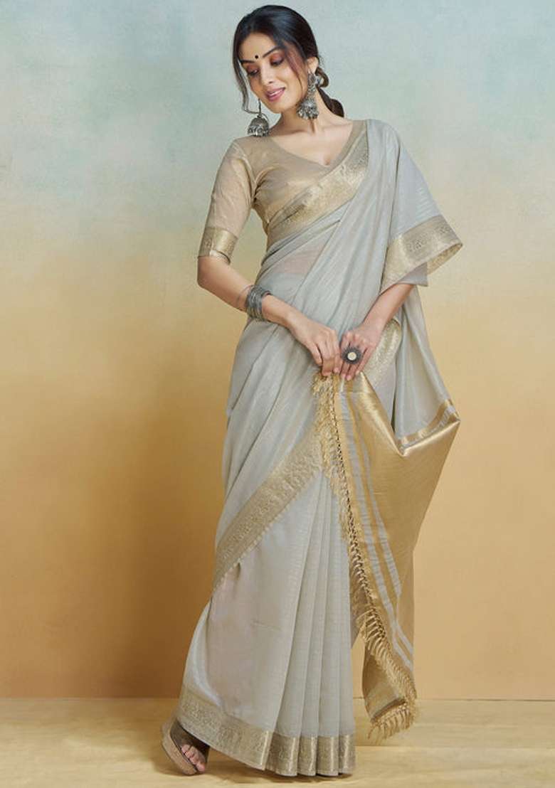 Off White Printed Cotton Blend Saree Set - Indya