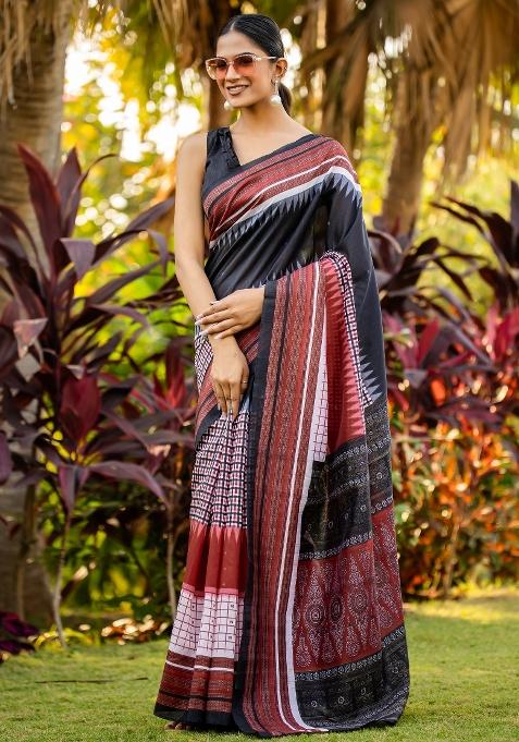 Black Printed Bhagalpuri Silk Saree Set — view on Indya