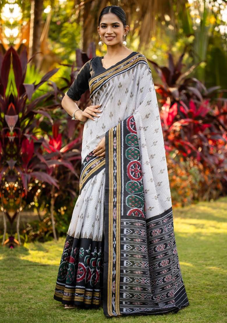 Off White Printed Bhagalpuri Silk Blend Saree Set - Indya