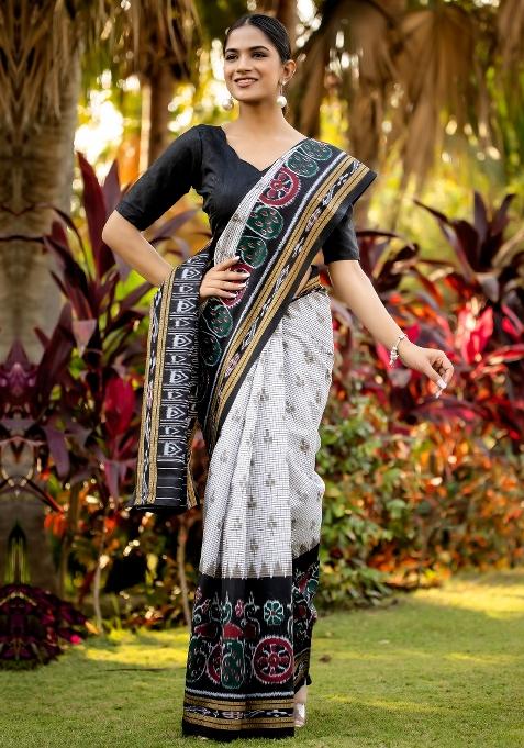 Off White Printed Bhagalpuri Silk Saree Set — view on Indya