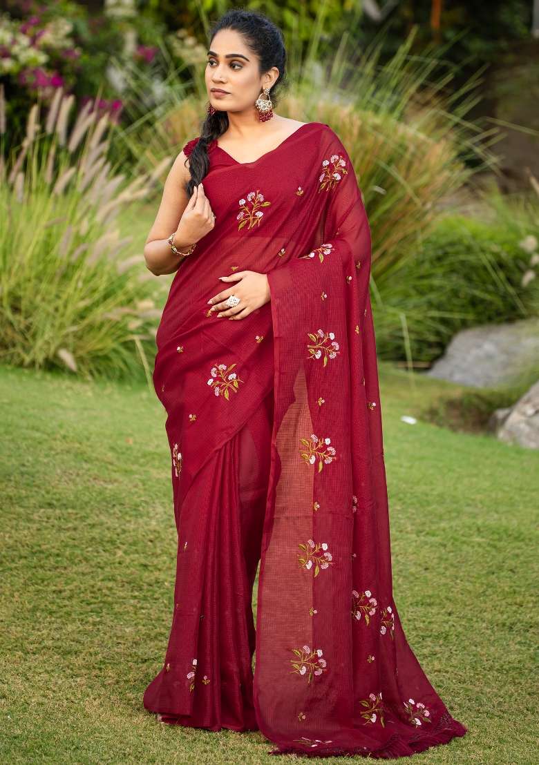 Maroon Printed Kota Doria Cotton Saree Set for Diwali and Festive Wear - Indya