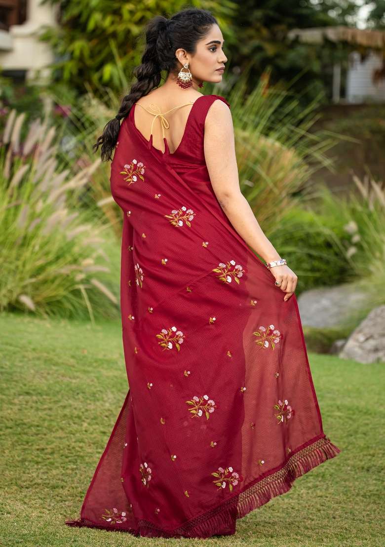 Maroon Printed Kota Doria Cotton Saree Set for Diwali and Festive Wear - Indya