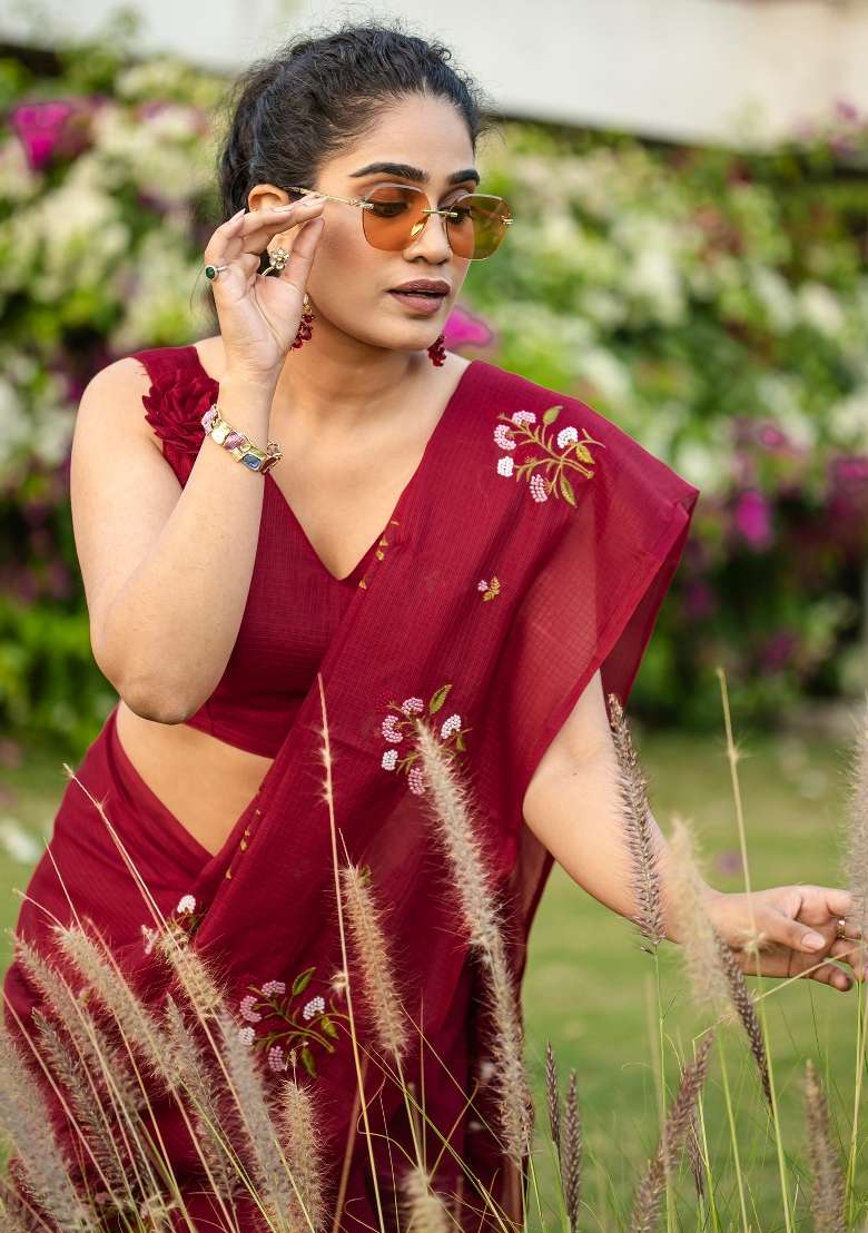 Maroon Printed Kota Doria Cotton Saree Set for Diwali and Festive Wear - Indya