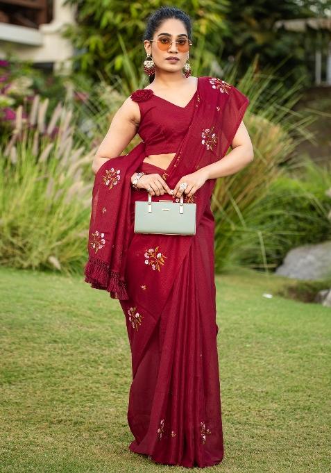 Maroon Printed Kota Doria Cotton Saree Set