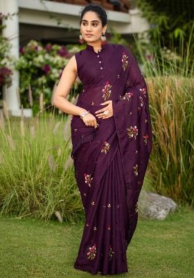 Purple Printed Kota Doria Cotton Saree Set