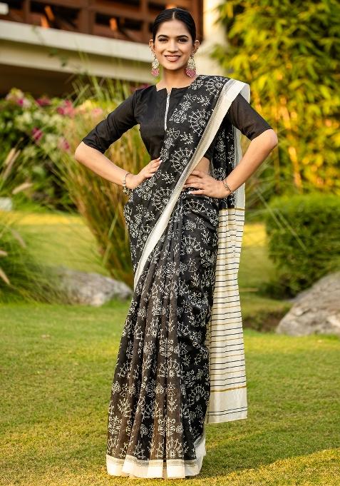 Black Printed Bhagalpuri Silk Saree Set — view on Indya