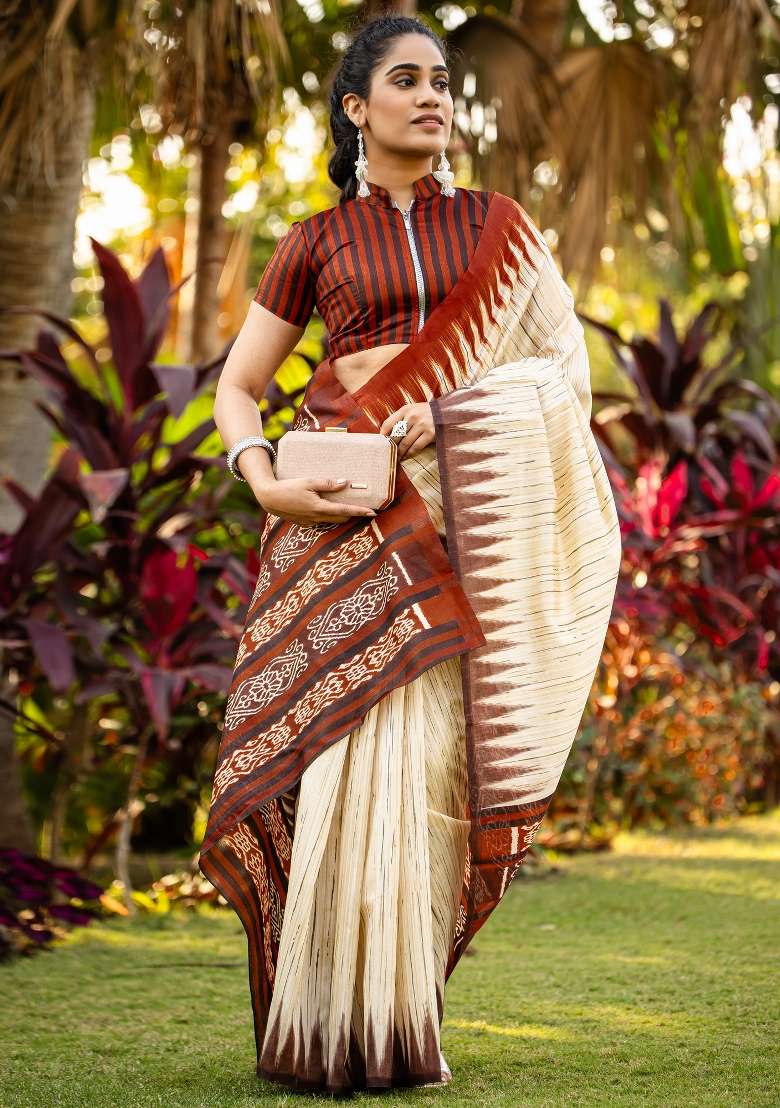 Beige Printed Bhagalpuri Silk Blend Saree Set - Indya