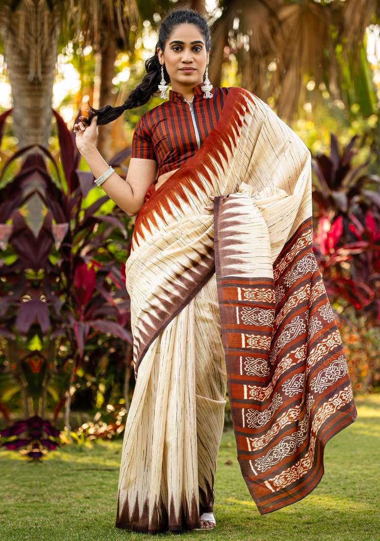 Beige Printed Bhagalpuri Silk Blend Saree Set - Indya