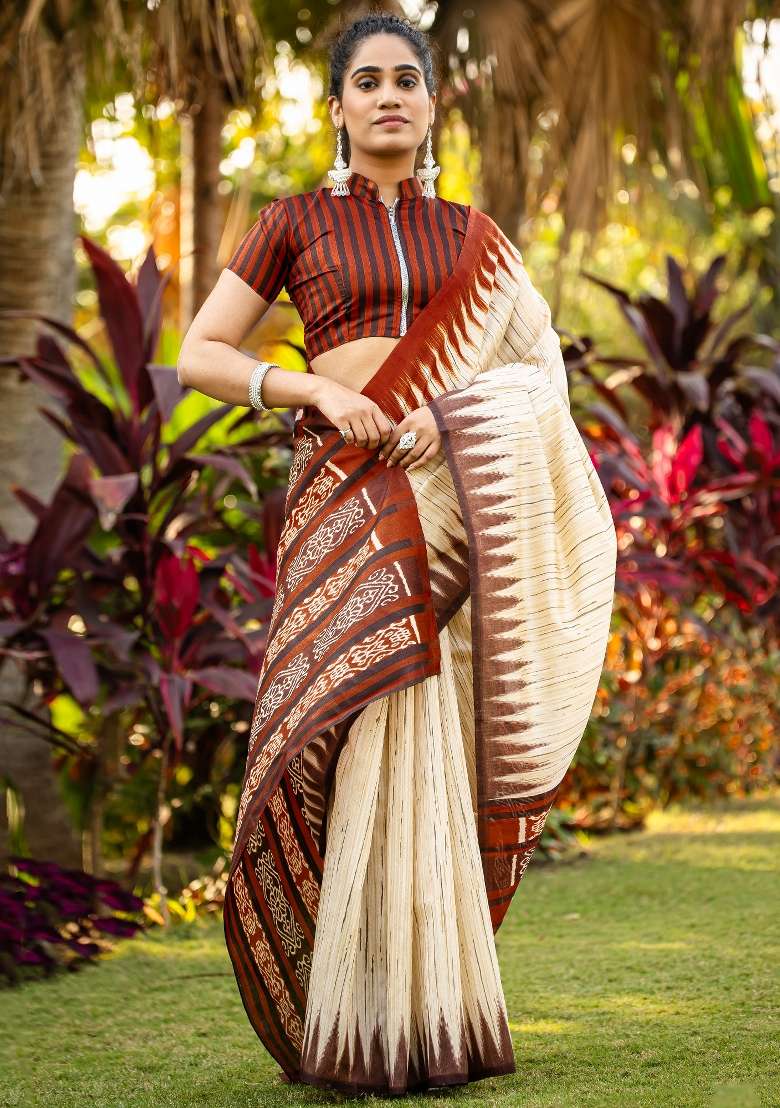 Beige Printed Bhagalpuri Silk Blend Saree Set - Indya
