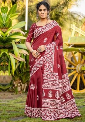 Maroon Printed Cotton Blend Saree Set