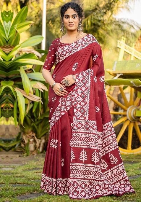 Maroon Printed Cotton Blend Saree Set