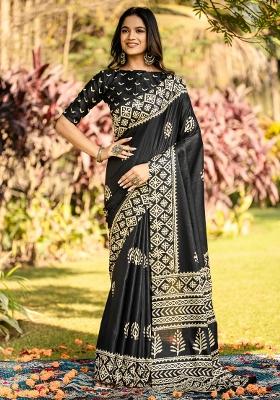 Black Printed Cotton Blend Saree Set