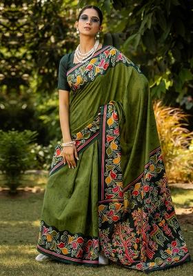 Green Printed Cotton Blend Saree Set