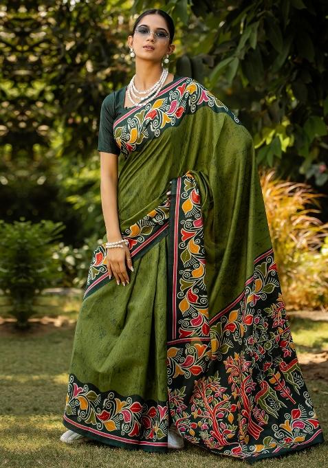 Green Printed Cotton Blend Saree Set — view on Indya