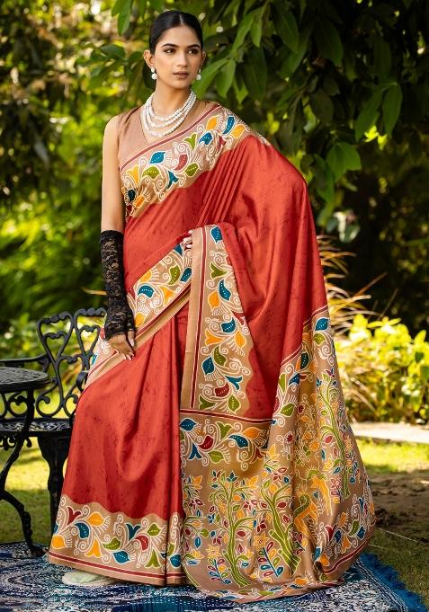 Rust Printed Cotton Blend Saree Set — view on Indya