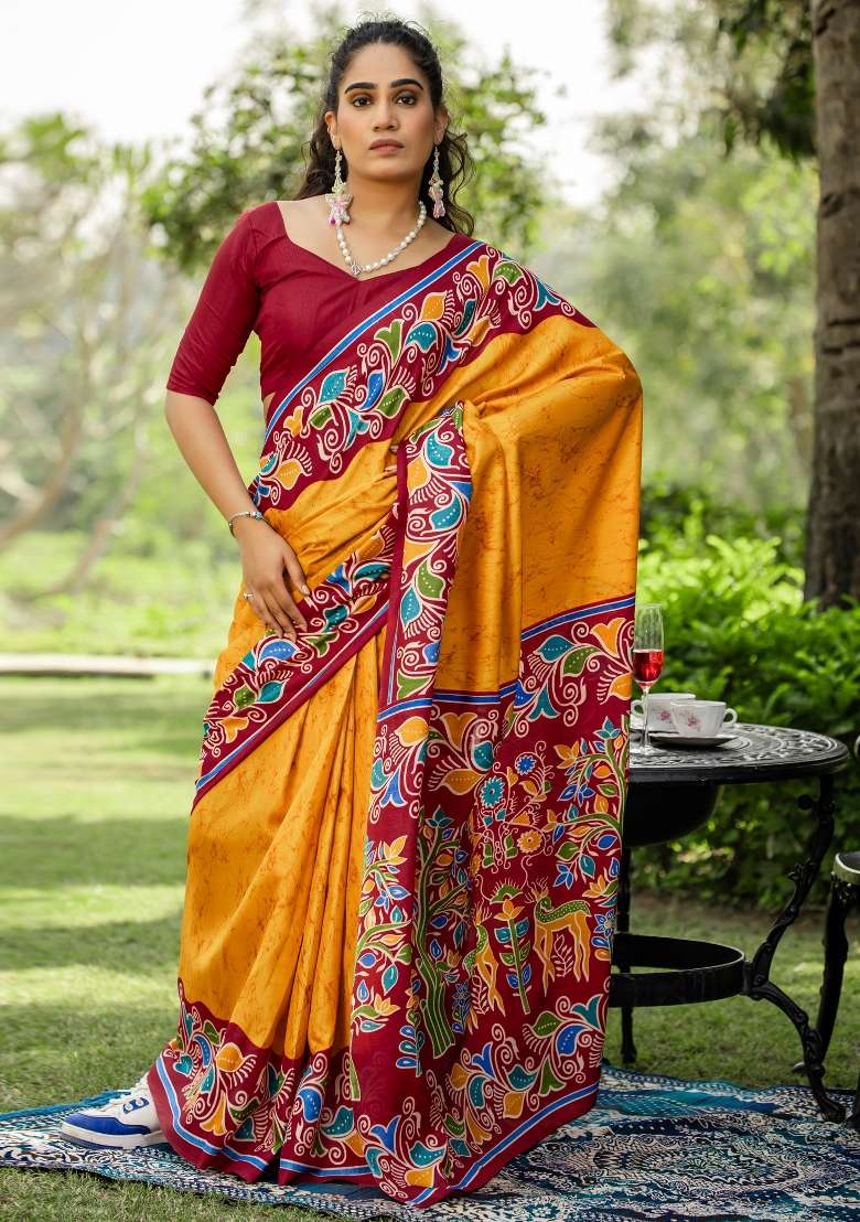 Yellow Printed Cotton Blend Saree Set - Indya