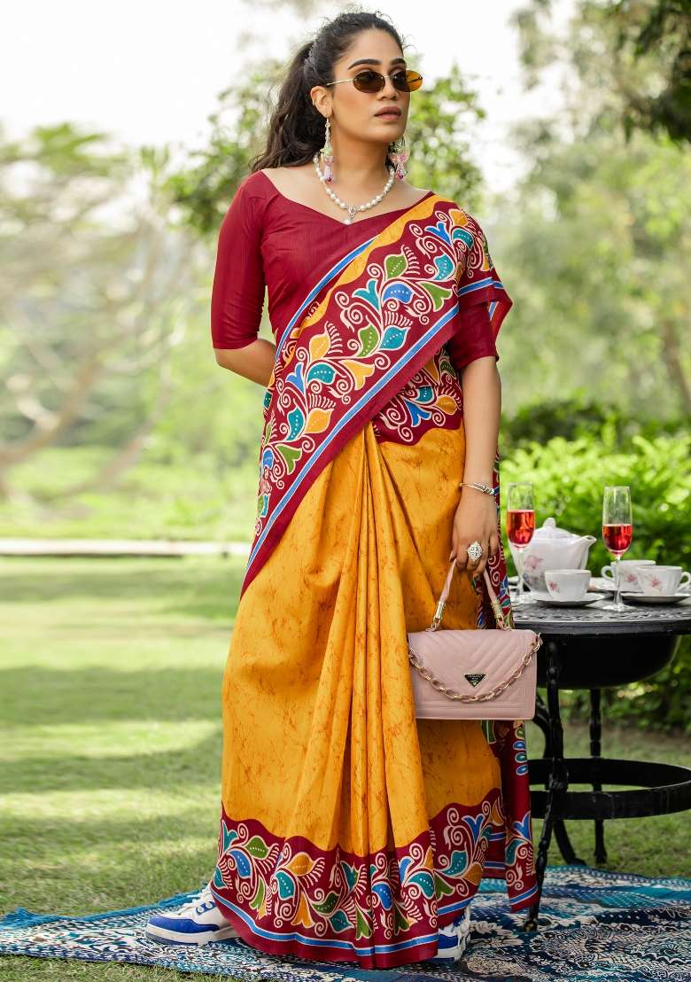 Yellow Printed Cotton Blend Saree Set - Indya
