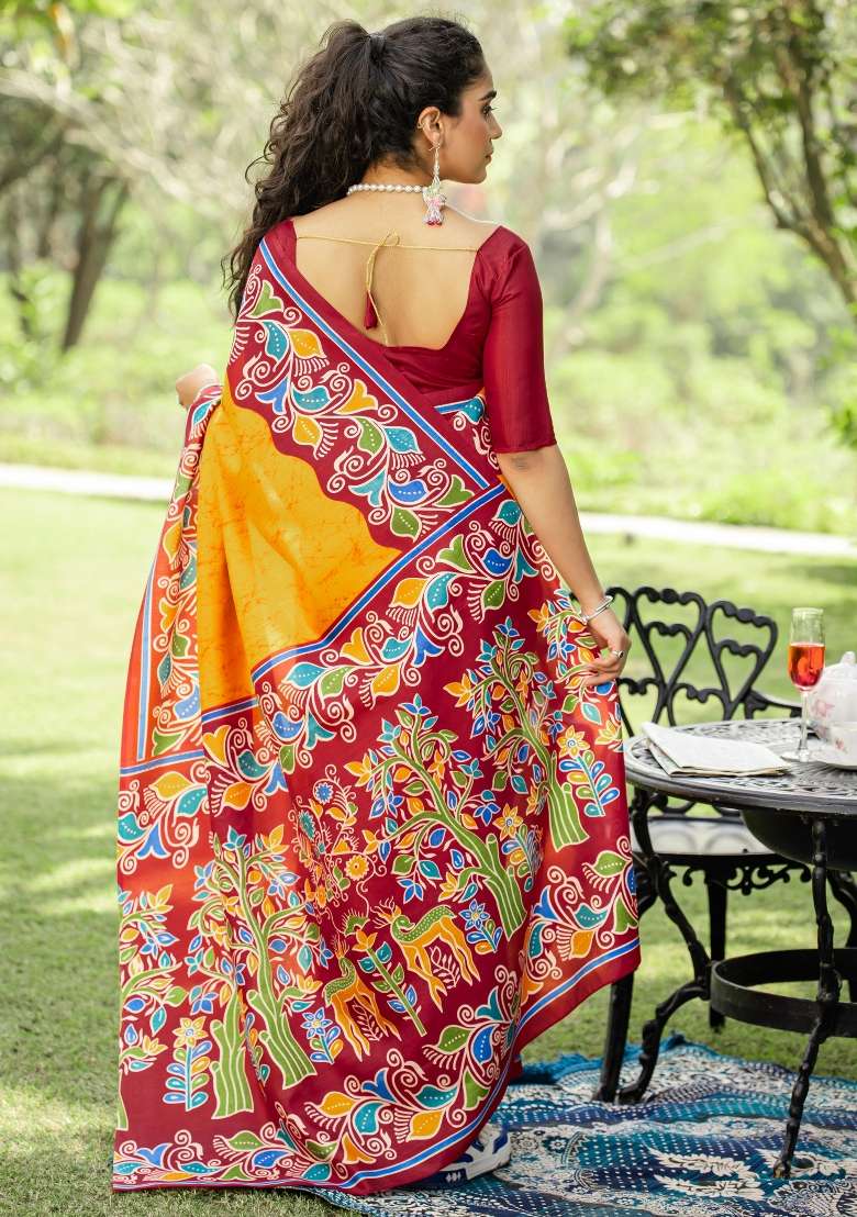 Yellow Printed Cotton Blend Saree Set - Indya