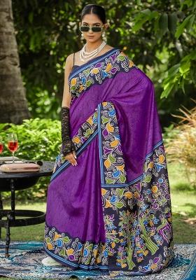 Purple Printed Cotton Blend Saree Set