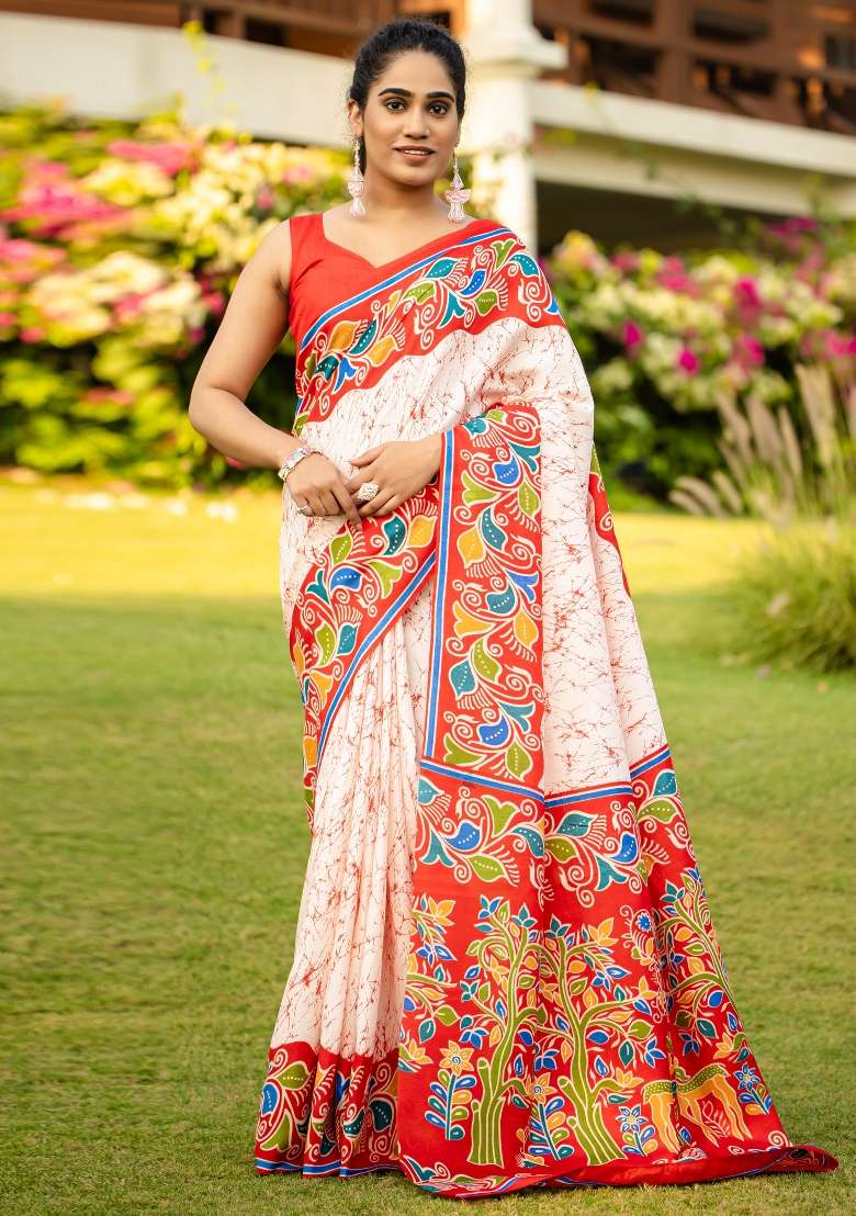 Off White Printed Cotton Blend Saree Set - Indya