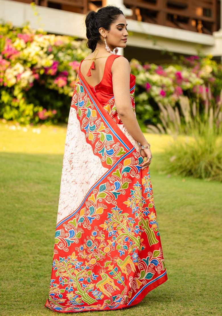 Off White Printed Cotton Blend Saree Set - Indya