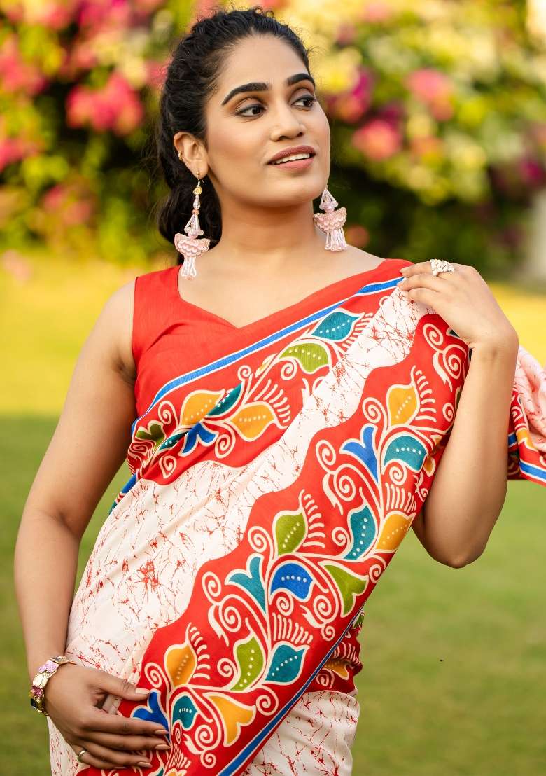 Off White Printed Cotton Blend Saree Set - Indya