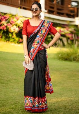 Black Printed Cotton Blend Saree Set