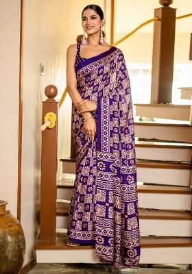 Purple Printed Cotton Blend Saree Set