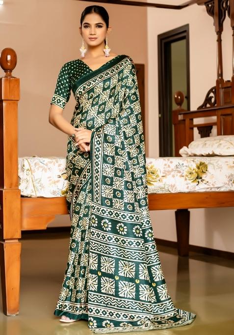 Green Printed Cotton Blend Saree Set — view on Indya