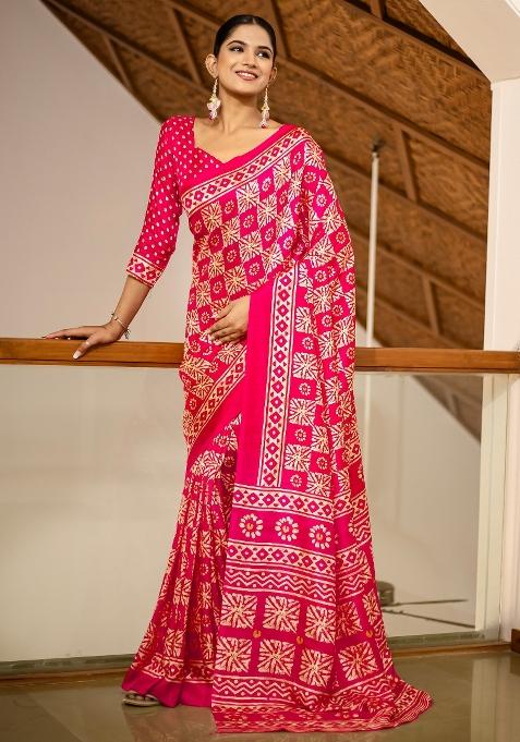 Pink Printed Cotton Blend Saree Set — view on Indya