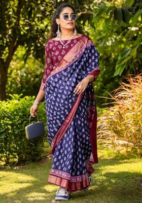 Navy Blue Printed Cotton Saree Set