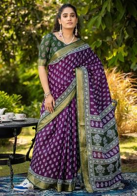 Purple Printed Cotton Saree Set