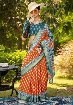 Rust Printed Cotton Saree Set