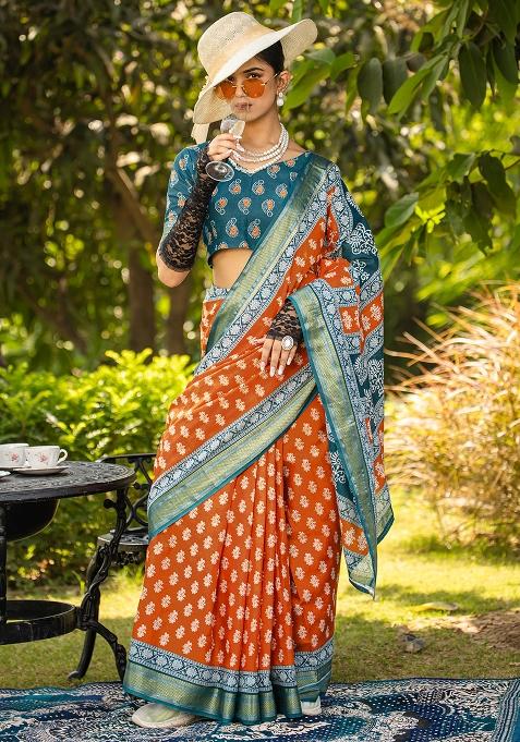 Rust Printed Cotton Saree Set — view on Indya