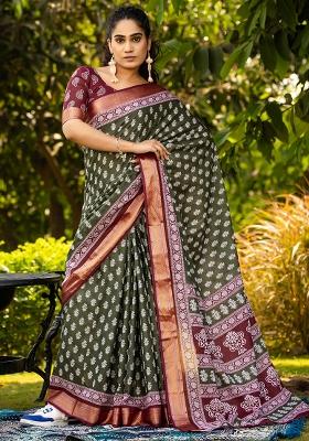 Dark Green Printed Cotton Saree Set