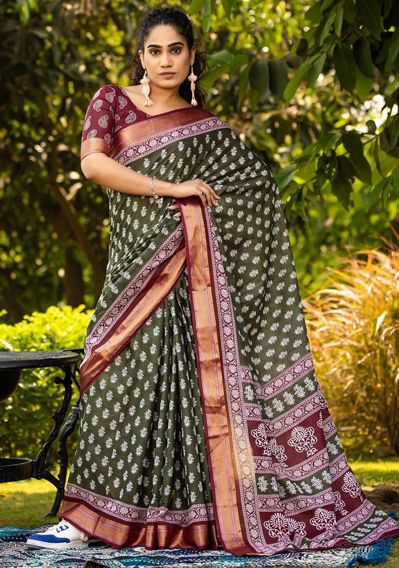 Dark Green Printed Cotton Saree Set for Diwali and Festive Wear - Indya