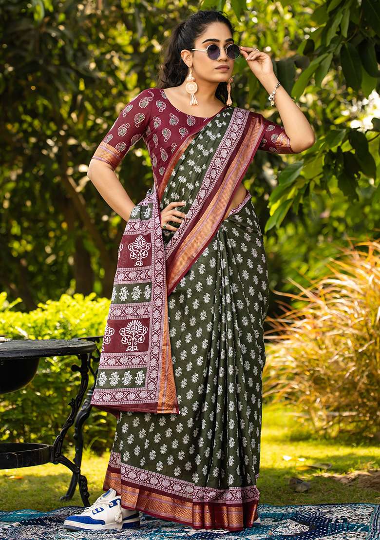 Dark Green Printed Cotton Saree Set for Diwali and Festive Wear - Indya