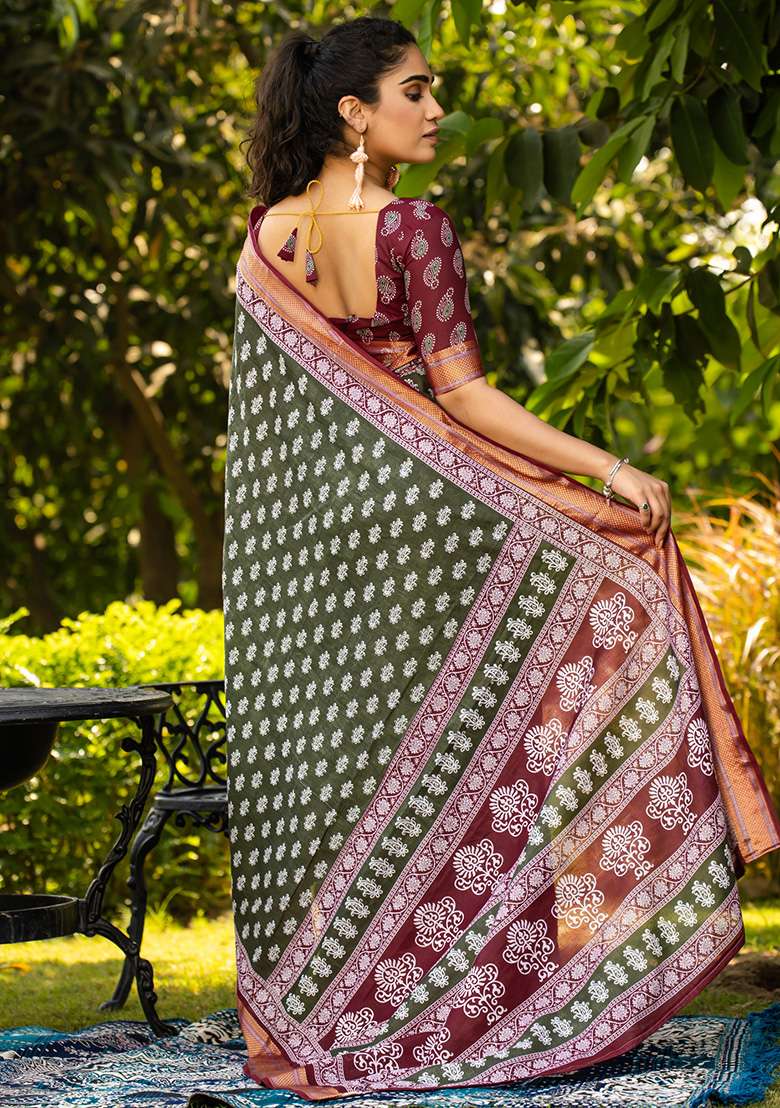 Dark Green Printed Cotton Saree Set for Diwali and Festive Wear - Indya