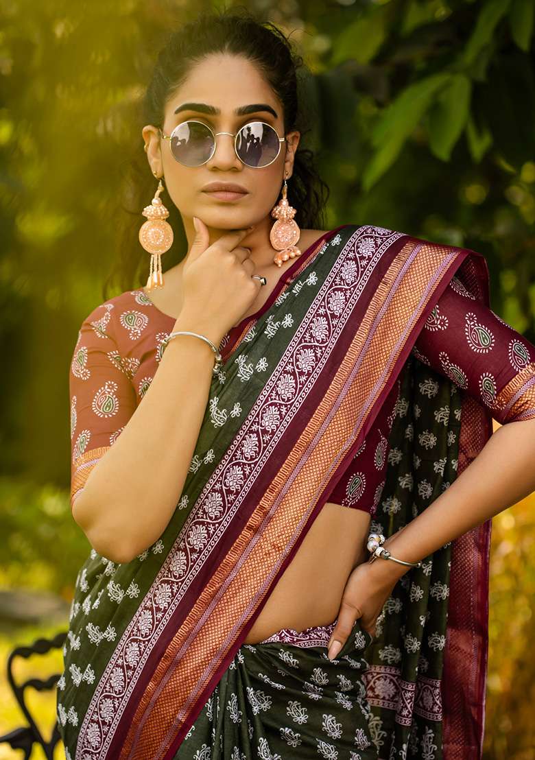Dark Green Printed Cotton Saree Set for Diwali and Festive Wear - Indya