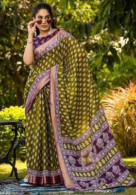 Olive Printed Cotton Saree Set
