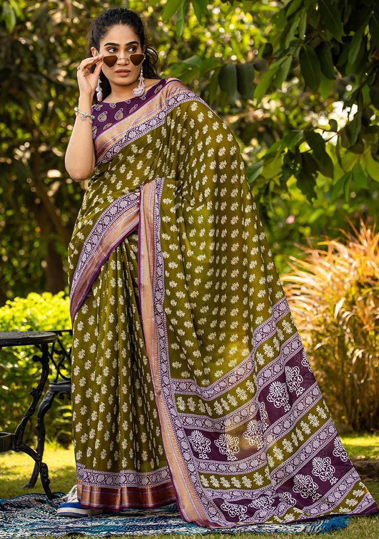 Olive Printed Cotton Saree Set for Diwali and Festive Wear - Indya