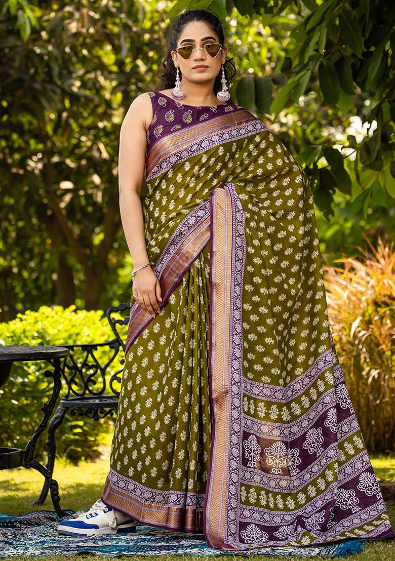 Olive Printed Cotton Saree Set for Diwali and Festive Wear - Indya