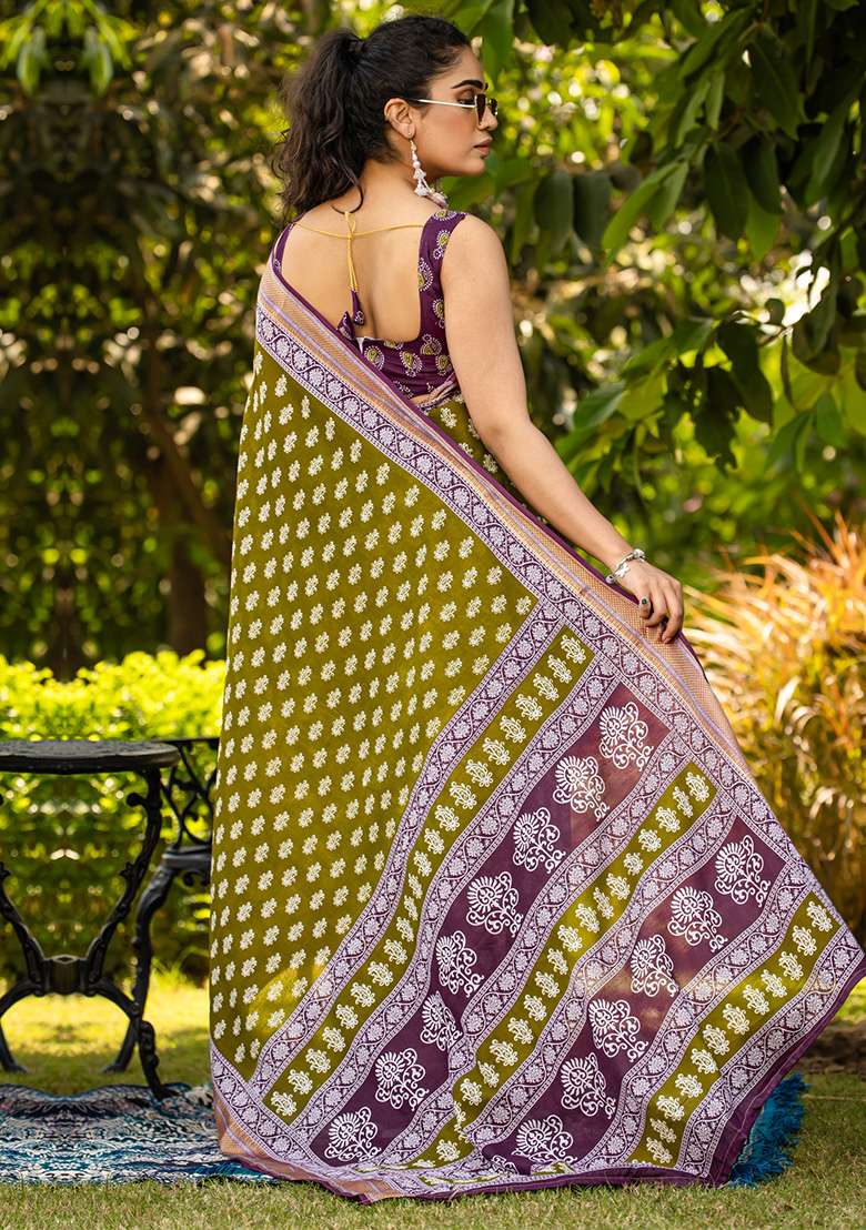 Olive Printed Cotton Saree Set for Diwali and Festive Wear - Indya