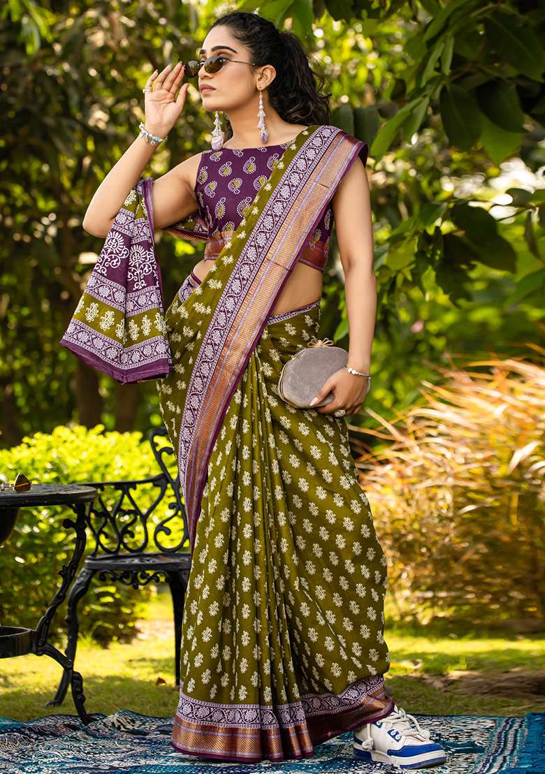 Olive Printed Cotton Saree Set for Diwali and Festive Wear - Indya