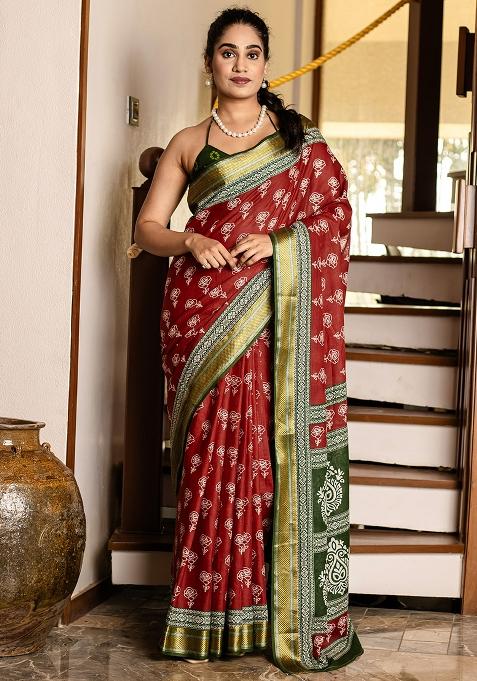 Rust Printed Cotton Saree Set — view on Indya