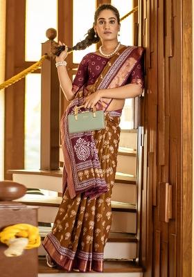 Camel Brown Printed Cotton Saree Set