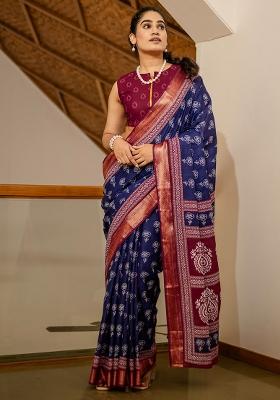 Navy Blue Printed Cotton Saree Set