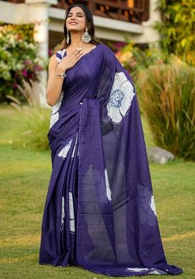 Purple Printed Cotton Saree Set