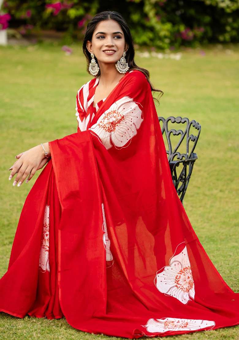 Red Cotton Saree Set with Printed for Diwali | Wedding & Festive Wear - Indya