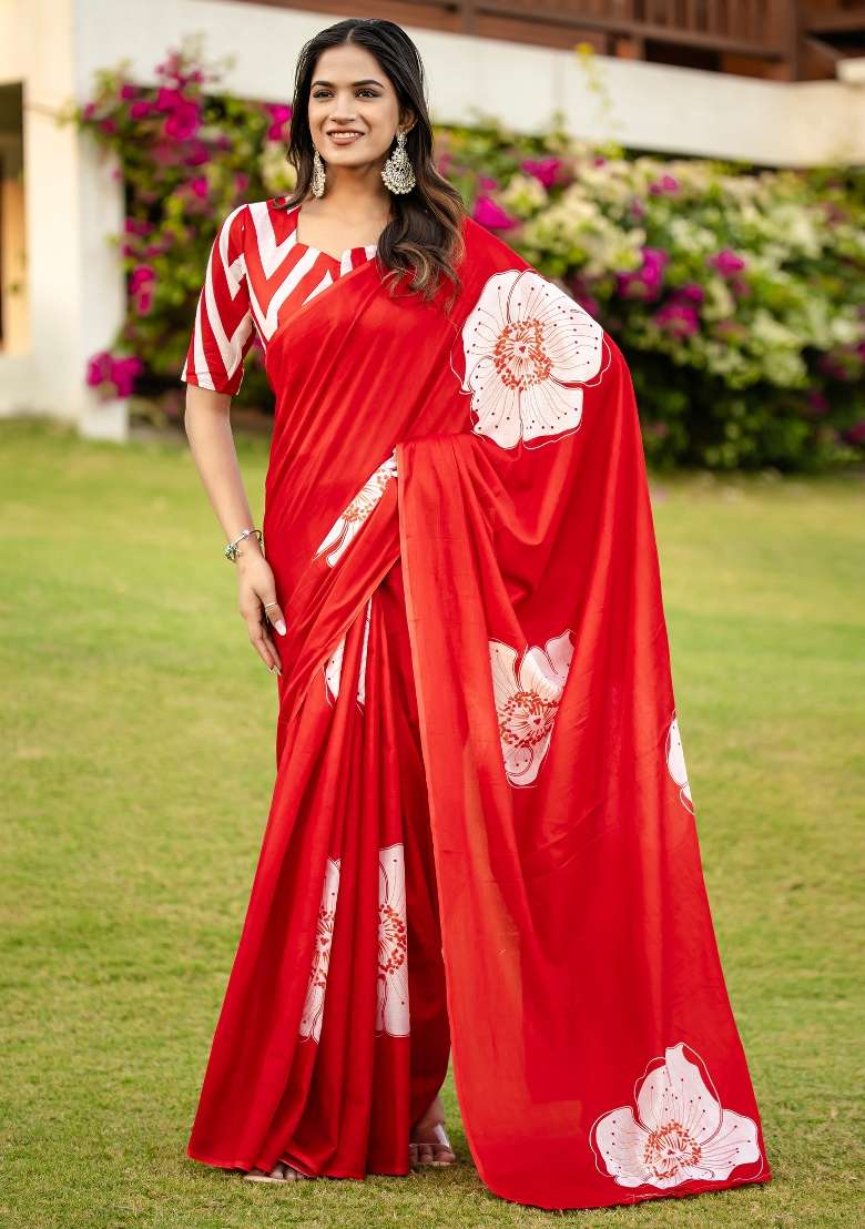 Red Cotton Saree Set with Printed for Diwali | Wedding & Festive Wear - Indya